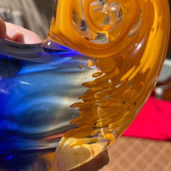 Vintage Murano cobalt blue, yellow and clear art glass snail
